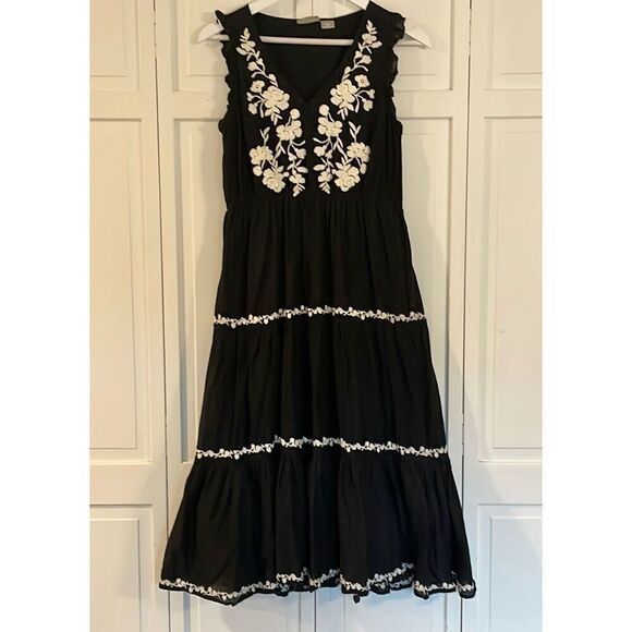Lucky Brand black and white embroidered tiered midi dress small - Picture 4 of 13
